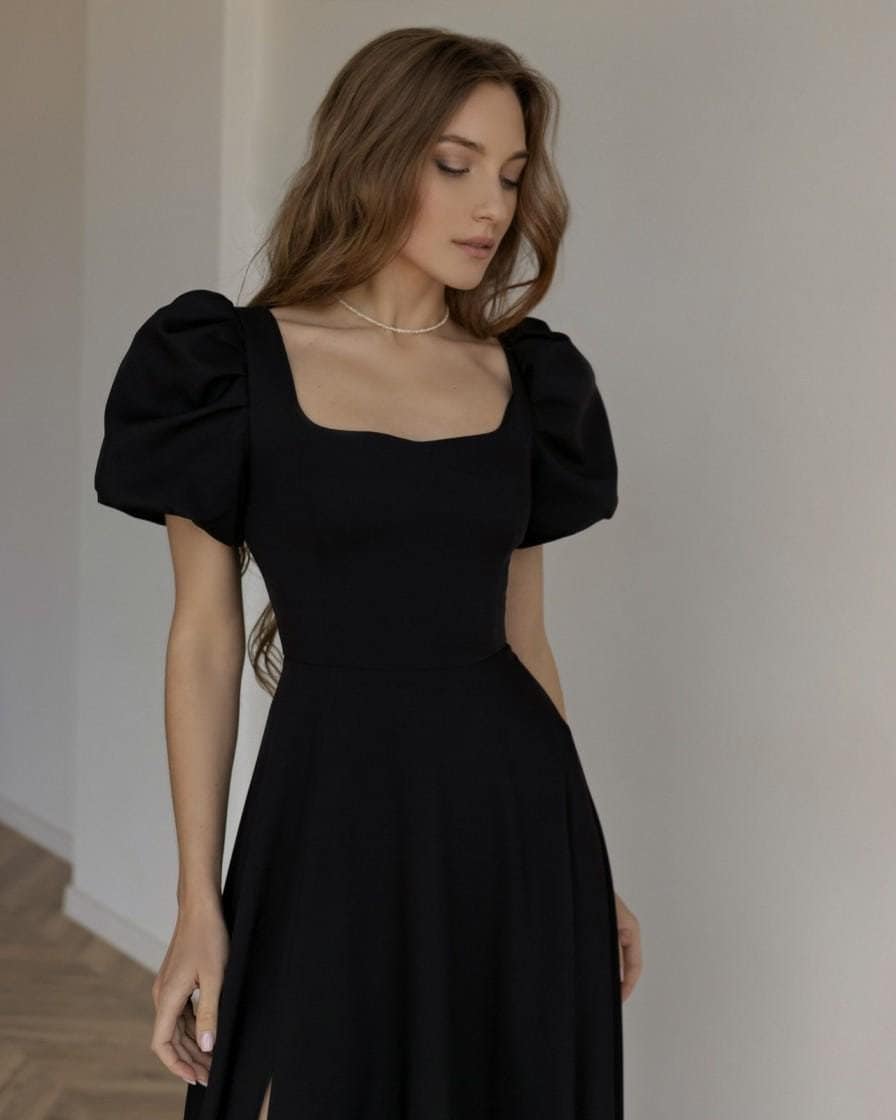 Elegant Black A-Line Maxi Dress for Prom with Puff Sleeves and Side Slit, Perfect Wedding Guest / Elegant Black Puff Sleeve Gown Elegant Black A-Line Maxi Dress for Prom with Puff Sleeves and Side Slit, Perfect Wedding Guest / Elegant Black Puff Sleeve Gown