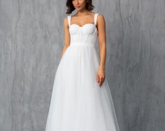 Glamorous White Summer Fit & Flare Maxi Dress with Corset Top and Lace-Up Back, Ideal for Formal Events, Summer Wedding Dress for Bride