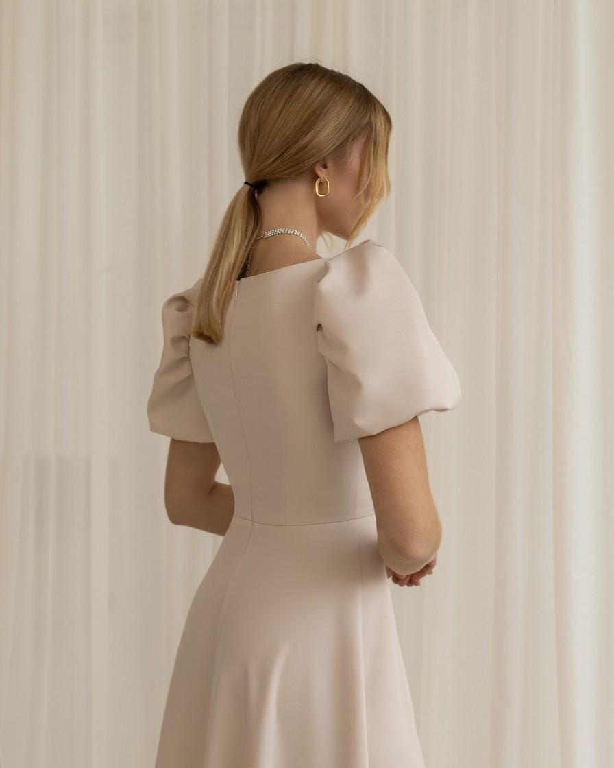 beige dress with puff sleeves Beige Wedding Guest Dress Long Sleeve Open back Midi Dress for Women