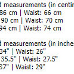 May include: Size chart showing bust and waist measurements in inches and centimeters for sizes S, M, and L.