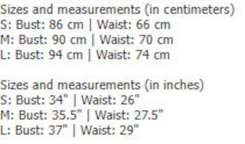 May include: Size chart showing bust and waist measurements in inches and centimeters for sizes S, M, and L.