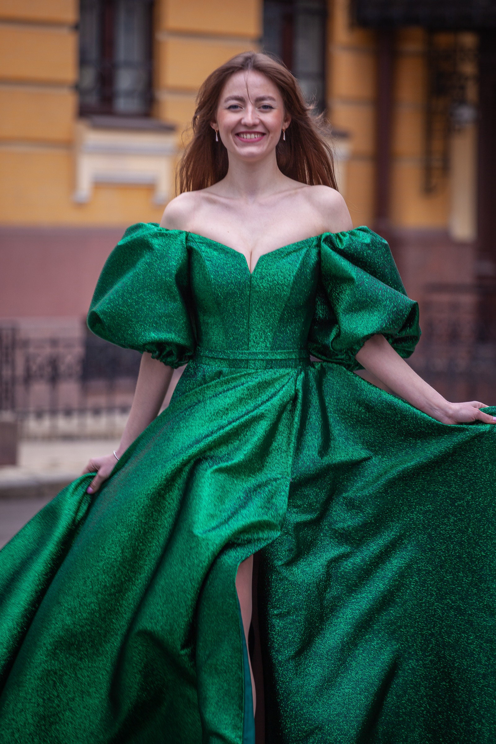 Emerald Green Maxi dress with Trendy Puff Sleeves / A-Line Maxi Dress: off shoulder dress for wedding guest or prom dress with short Sleeves
