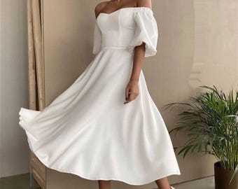 White A-Line Midi Cocktail Dress with Puff Sleeves for Summer Weddings / White Midi Dress with Puff Sleeves and Square Neckline for Weddings