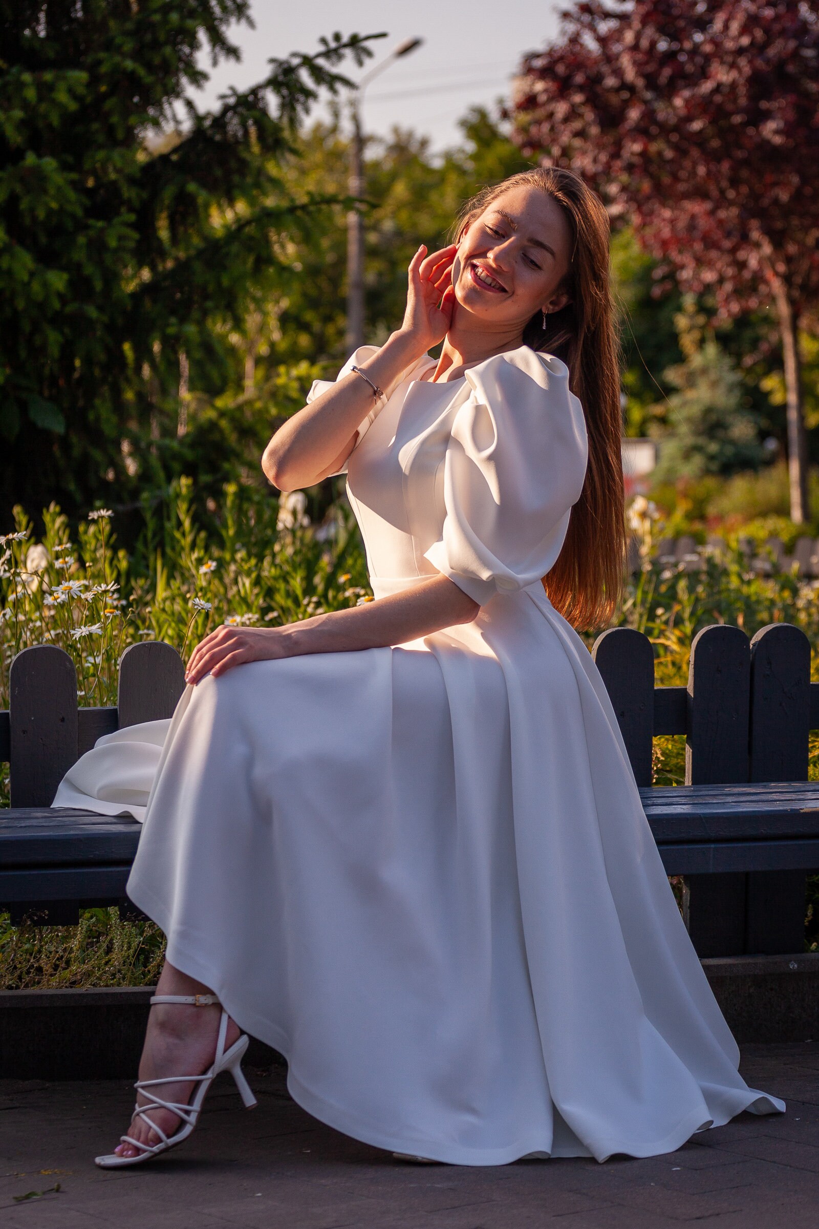 fit and flare white midi dress for women White V-Neck Long Sleeve Fit & Flare Midi Dress