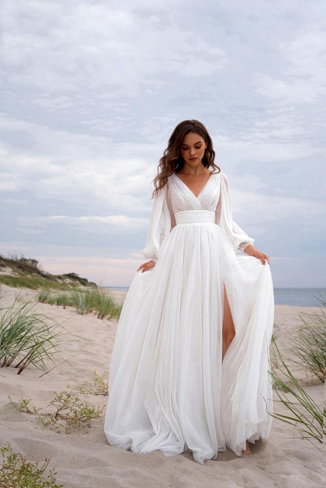 green emerald velvet dress A Line V-neck Lace Beach Wedding Dress,Side Split Bridal Gown,WW028 –  winkbridal