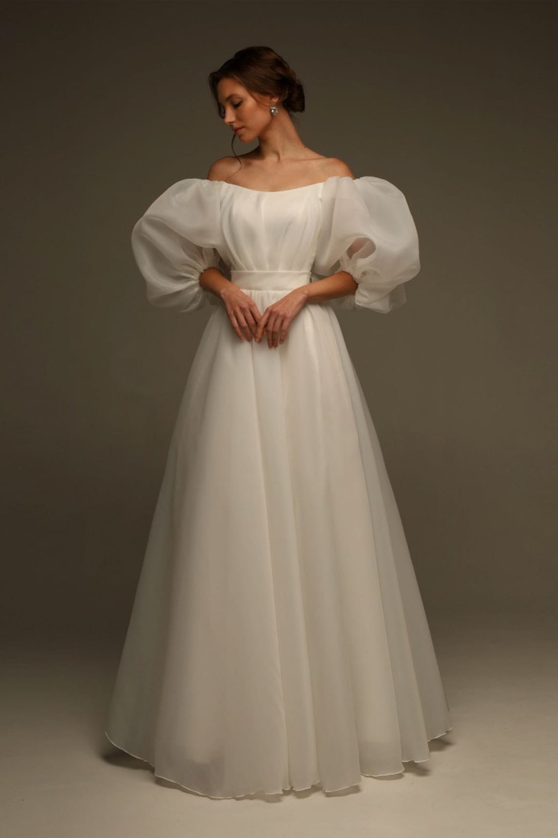 Maxi Wedding Puff Sleeve White Dress With Slit / Wedding Dress With Sleeves / White Puff Sleeve