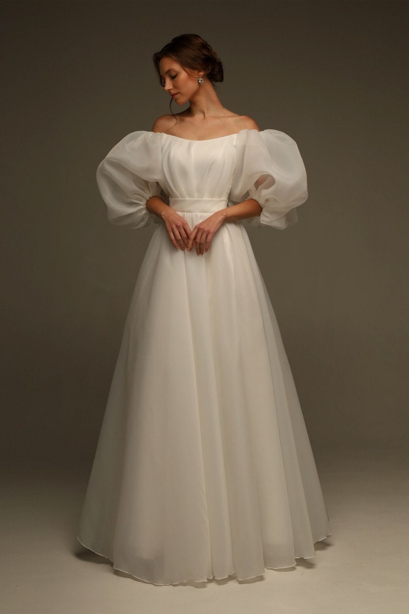 Maxi Wedding Puff Sleeve White Dress With Slit / Wedding Dress With