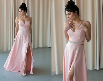 Summer Party Dress: A-Line Maxi in Soft Blush Pink / Pink Cocktail Dress - Floor Length Maxi with Spaghetti Straps Side Cut Out Detail