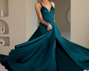 Emerald Green Satin Maxi Dress: V-neck A-line Gown With Slit - Etsy Finland Emerald Green Satin Maxi Dress: V-neck A-line Gown With Slit - Etsy Finland