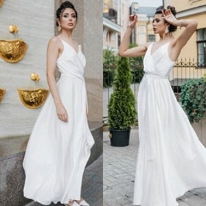 Floor Length White A-Line Silk Maxi Dress with Side Slit - Ideal for Engagements, Graduations / White Wrap Maxi Dress with Spaghetti Straps