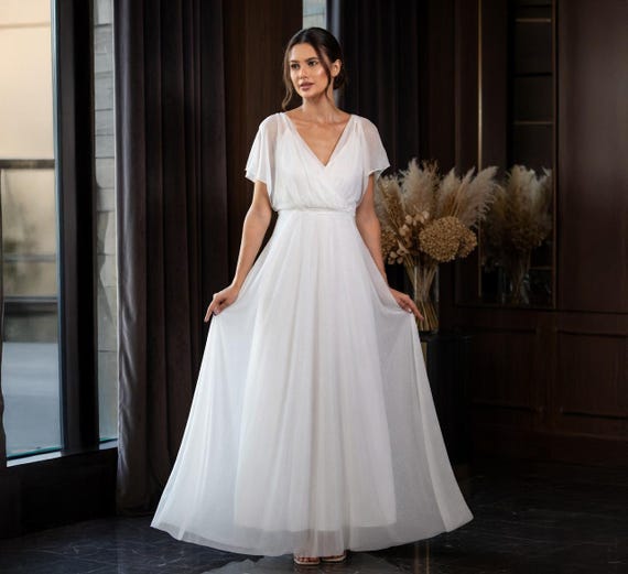 a line chiffon maxi dress White A-Line with Cold Shoulders and Sheer Butterfly Sleeves for Wedding A satin waistband cinches Style:Column Lovely Navy Blue Dress Cup size:D