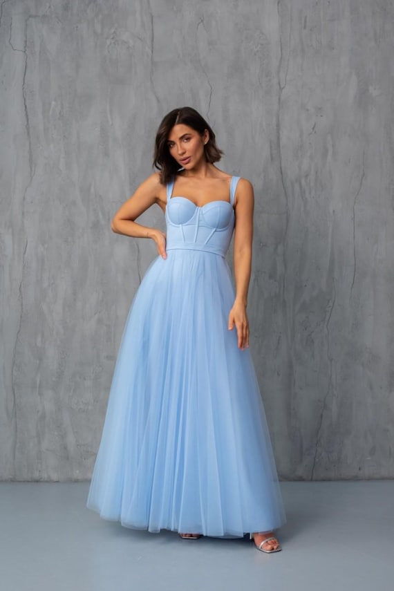 fitted lace wedding dress Coastal Blue Off Shoulder Corset Maxi Dress main image 1