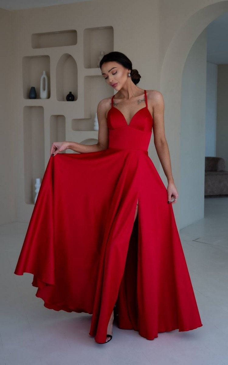 Red Satin A-Line Maxi Dress: V-Neck Prom or Wedding Guest