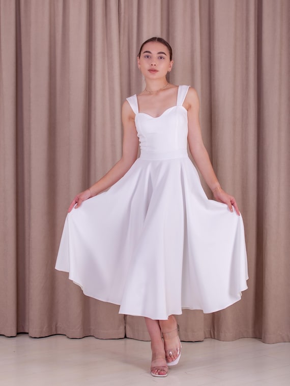 Sleeveless White Midi Dress with Sweetheart Neckline and Wide Straps for Summer Cocktail Parties, Graduation, or Rehearsal Dinner