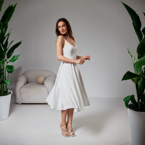 White Satin Midi Dress: Sleeveless V-Neck A-Line Cocktail Dress White Satin Midi Dress: Sleeveless V-Neck A-Line Cocktail Dress