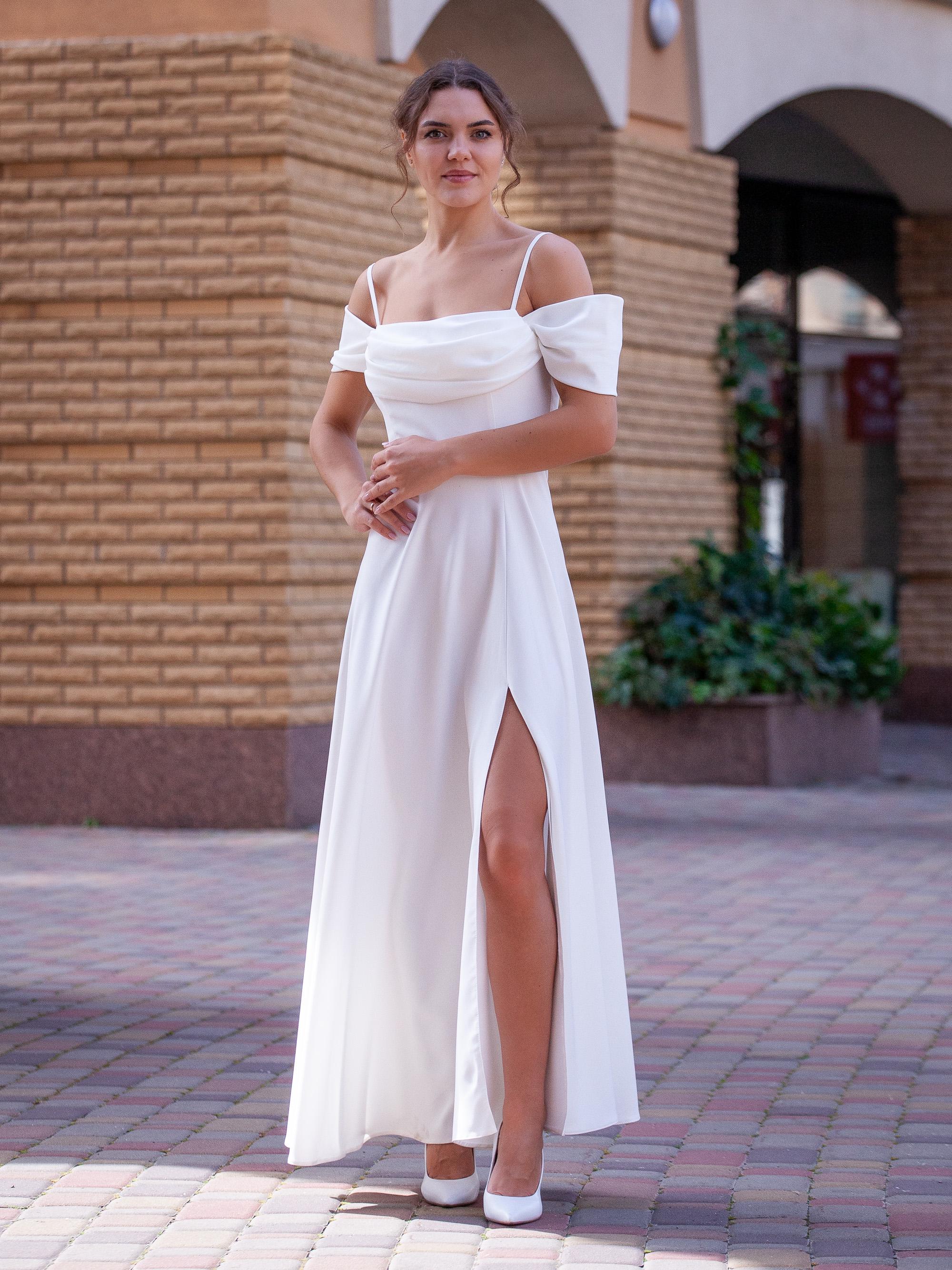 long white semi formal dresses Dress With Off-shoulder Draped Neckline, Thin Straps and Slit formal elegant white dress
