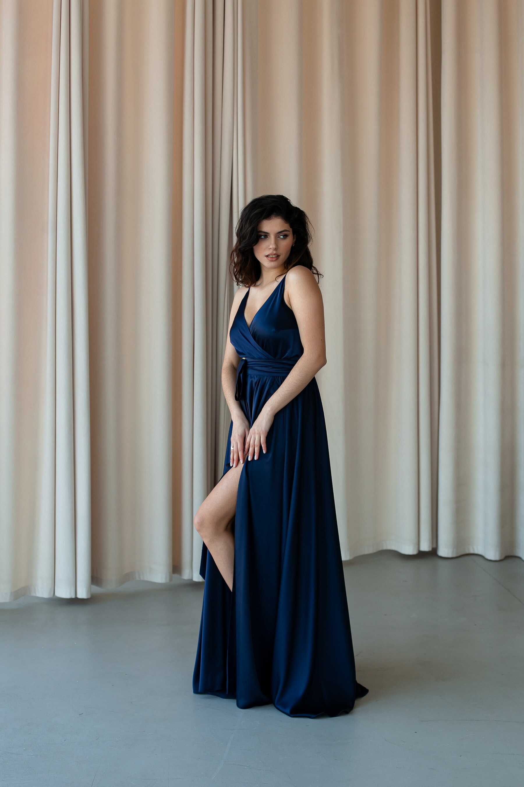 Navy Blue Silk Maxi Dress: Spaghetti Strap Beach Wedding Guest Navy Blue Silk Maxi Dress: Spaghetti Strap Beach Wedding Guest