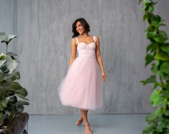 Vestido midi de tul rosa – Vestido de cóctel ajustado y acampanado con escote corazón