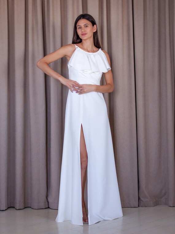 chinese dress ladies Miss Circle Women Ulissa White Square Neck Jacquard Textured High Slit Maxi Dress
