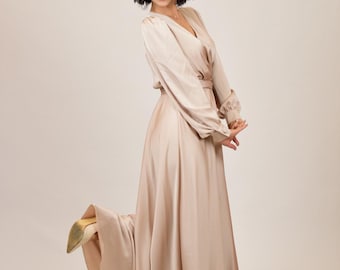 Beige Long Sleeve Silk Maxi Dress with V-Neck for Proms and Weddings