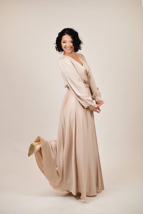 beige silk dress with sleeves Beige Long Sleeve Silk Maxi Dress With V-neck for Proms and Weddings