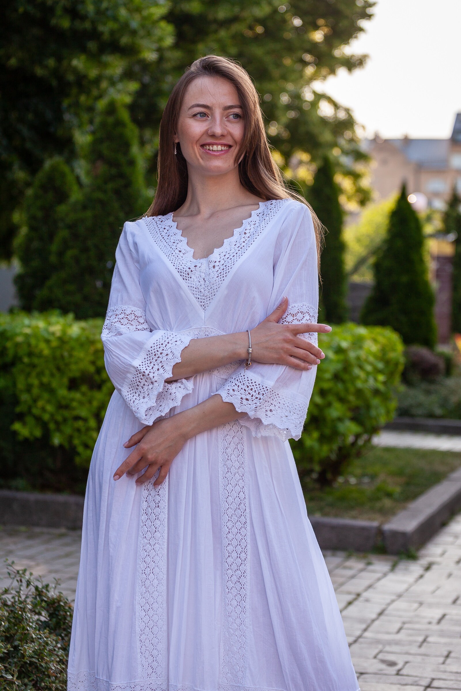 Charming Long Sleeve White Cotton Longsleeved Dress With Elegant Lace