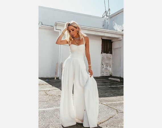 White Bridal Jumpsuit: Off-Shoulder Sweetheart Romper
