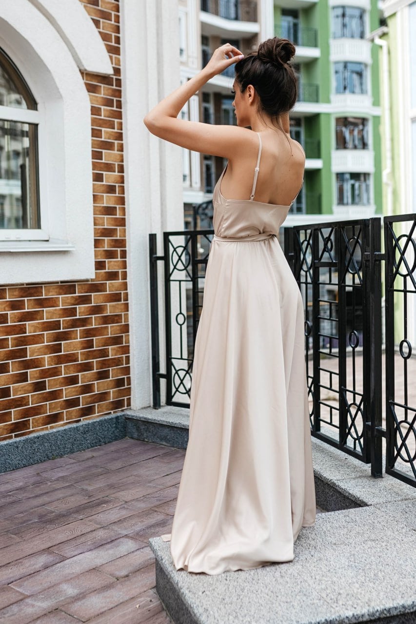 prom dress beige Nude Beige Pleated Tulle Tiered A-line Prom Dress