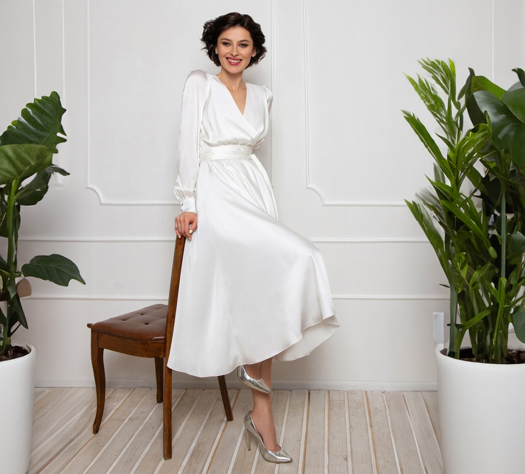 White Silk Midi Wrap Dress: Long Sleeve V-Neck Wedding Cocktail Dress