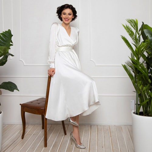 White Silk Midi Wrap Dress: Long Sleeve V-Neck Wedding Cocktail Dress White Silk Midi Wrap Dress: Long Sleeve V-Neck Wedding Cocktail Dress