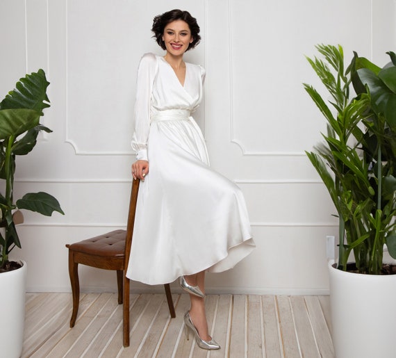Stunning V-neck Midi Wrap Silk White Dress With Long Sleeves for Weddings /  White Long Sleeve Midi Dress, White Midi Wedding Dress With Belt - Etsy  Canada