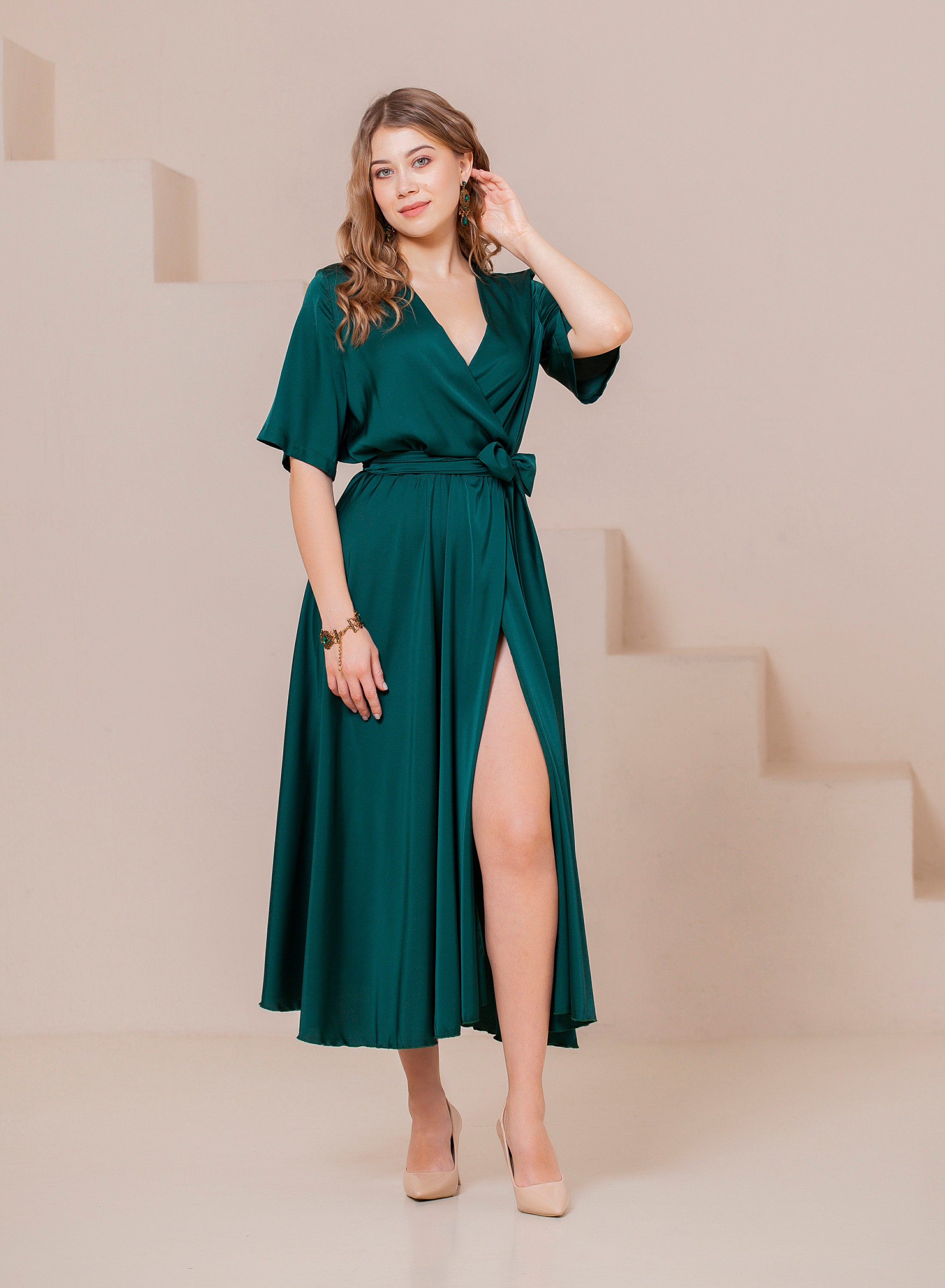Emerald Green Satin Cocktail Dress: Midi Fit & Flare With Slit - Etsy