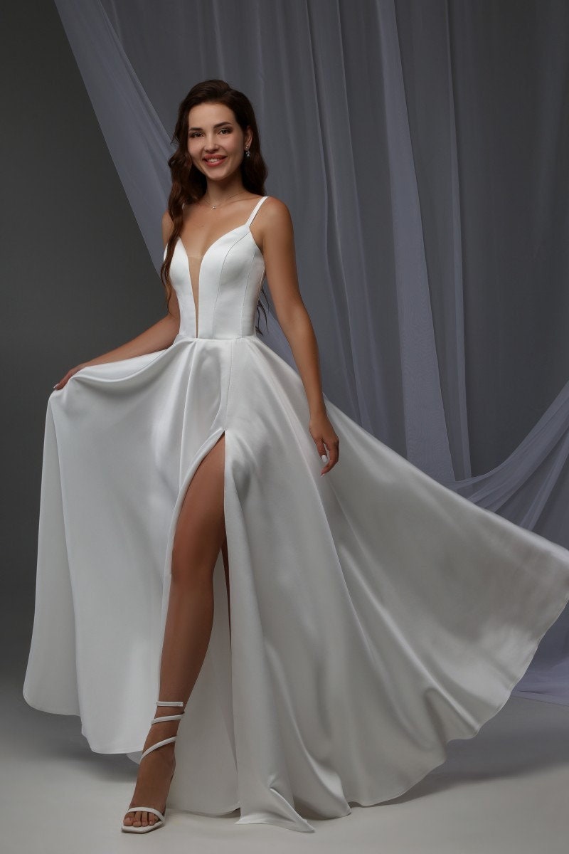 White Satin Maxi Dress: Deep V-Neck Corset, Side Slit Formal Gown