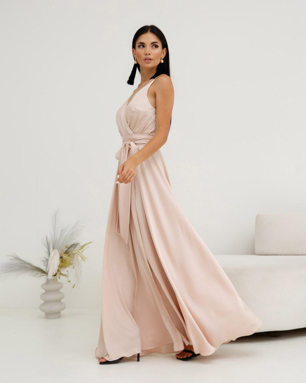 beige pink dress Satin Tie-Strap Maxi Dress