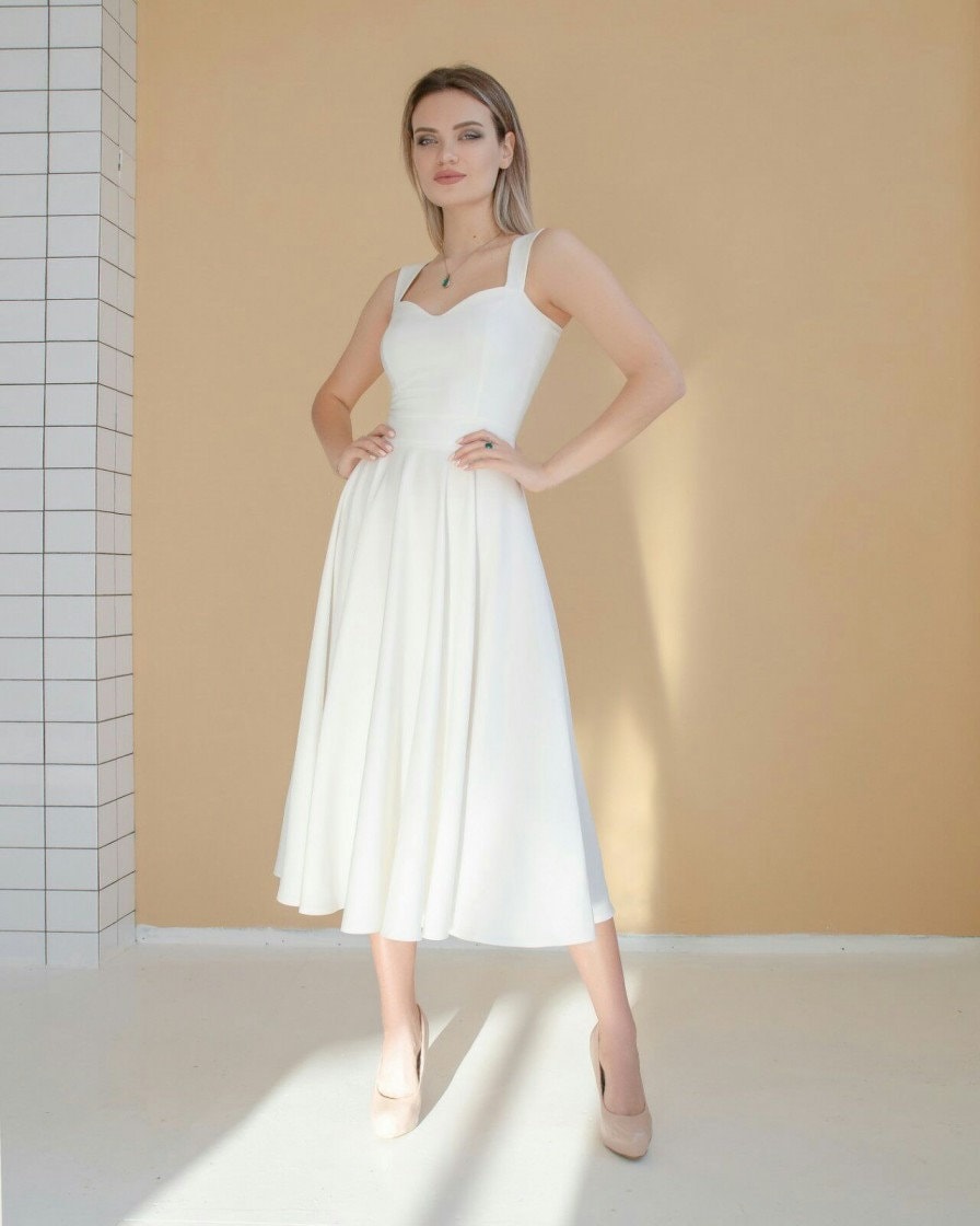knee length dresses for ladies Wedtrend Women Elegant White Graduation Dress A Line Off The Shoulder High Low Hollow Boho Midi Dress, White / M main image 0