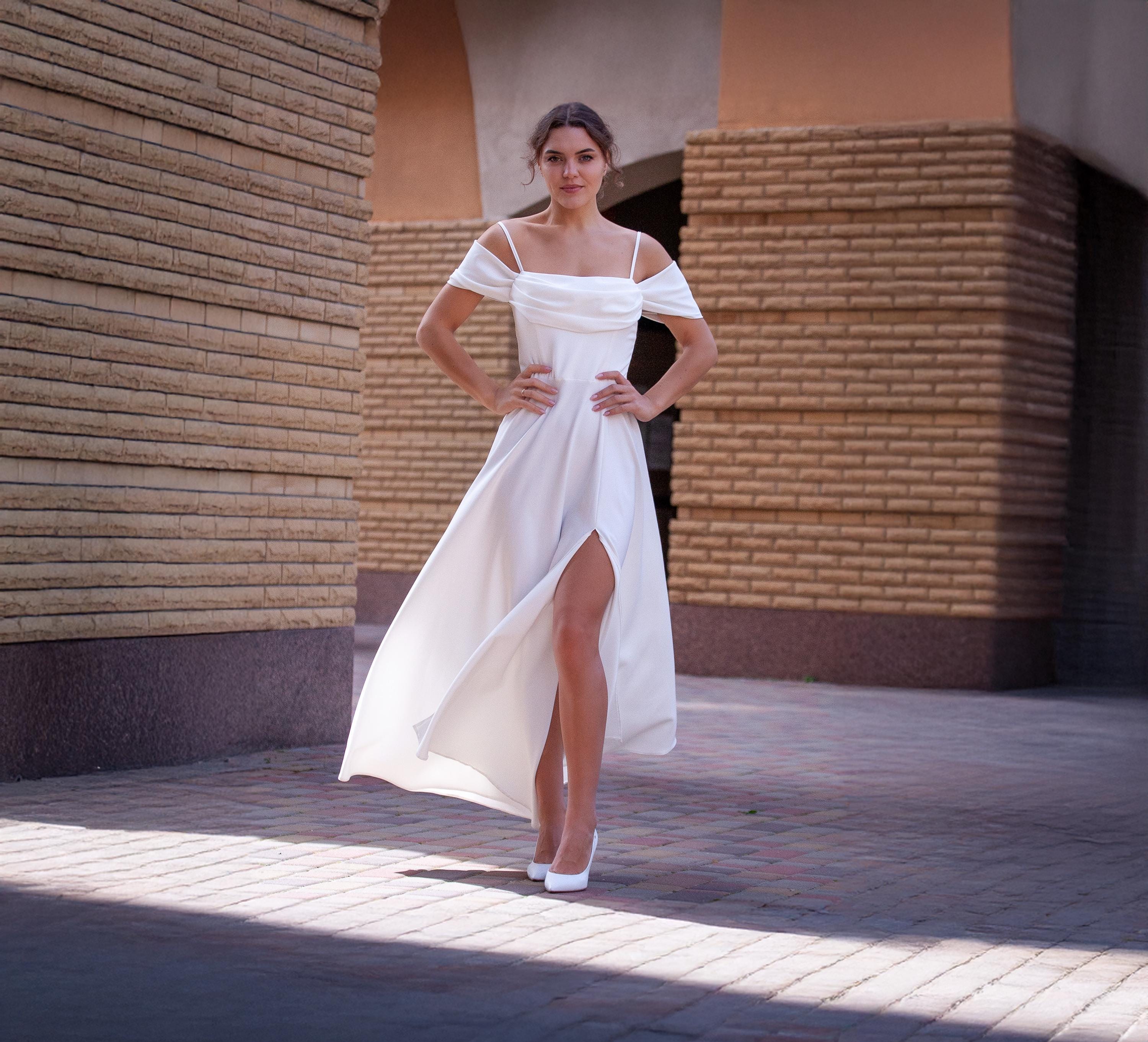ebay white formal dresses Maxi Dress with Draped Neckline and Side Slit for Bridal or Engagement YGroup_poeme
