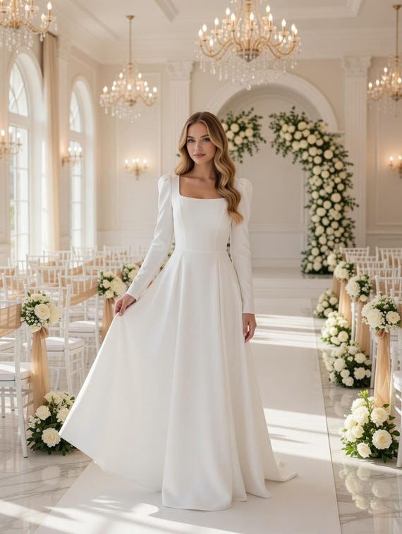 White Long Sleeve Maxi Dress With Slit, Square Neckline and Empire Waist for Engagement or Simple Wedding