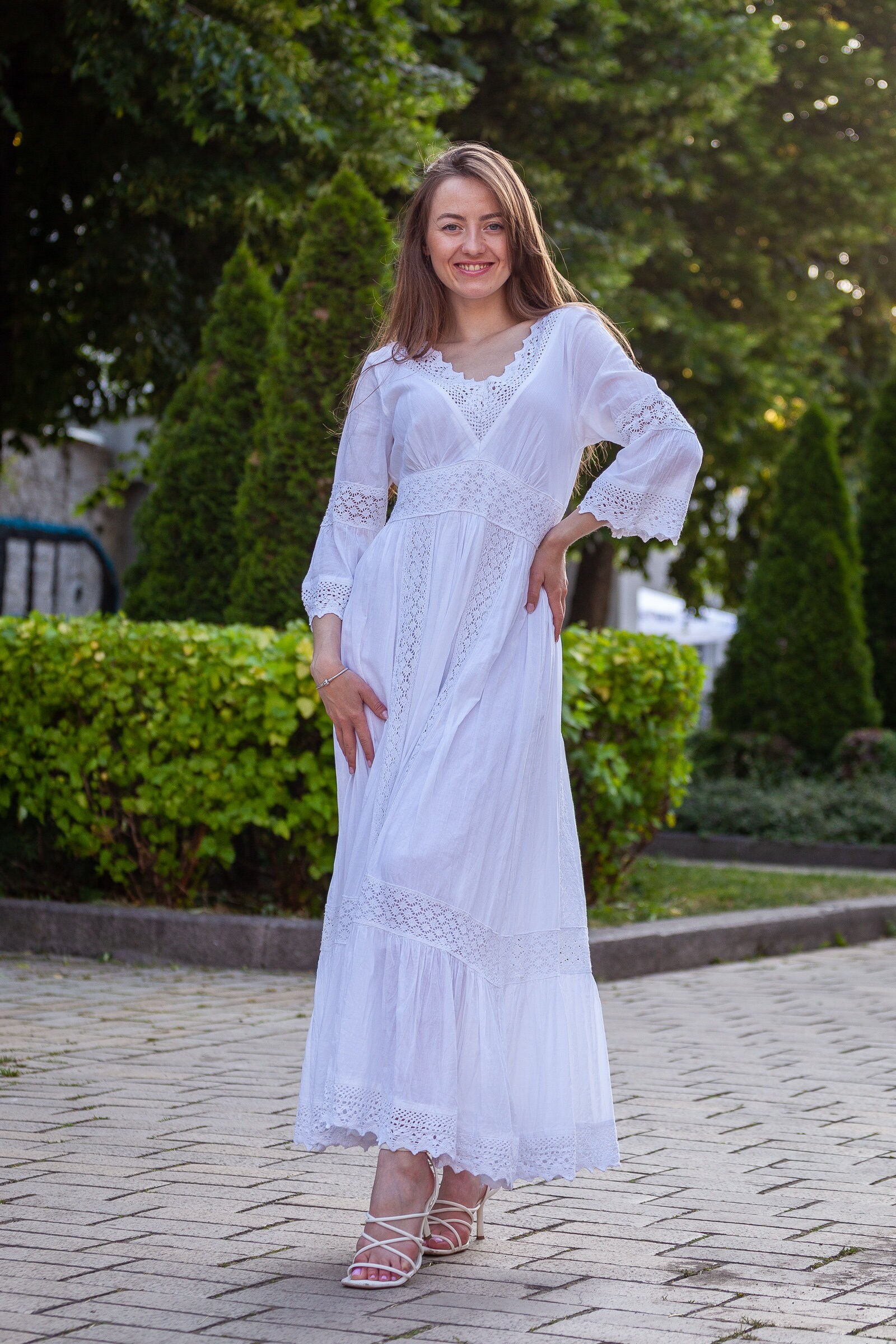 Charming Long Sleeve White Cotton Longsleeved Dress With Elegant Lace