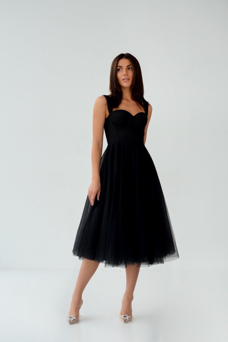 Black Corset Midi Dress: Sleeveless Fit & Flare Cocktail Dress