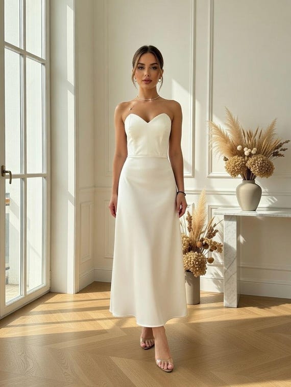 a line silk prom dress White A-line Satin Dress: Sleeveless, Corset Top With Hidden Zipper and Backless Design up Back Embellishment Colour Family: YELLOW Adhesive Strapless Bra Sticky Color:Lavender