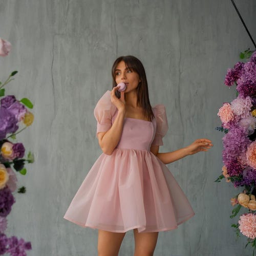 strapless open back dress Sugar Thrillz Layered Ruffle Lace Trim Puff Sleeve Babydoll Dress