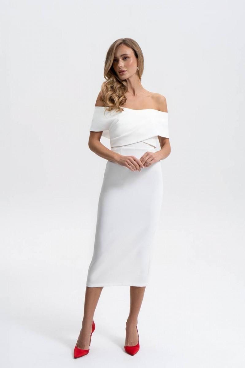White Off-Shoulder Bodycon Midi Dress: Empire Waist Party Outfit
