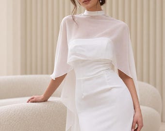 White Long Chiffon Cape Overlay with Collar for Wedding and Evening Dress
