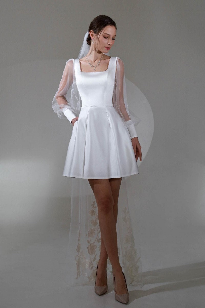 White Satin Mini Dress: A-line Lantern Sleeves, Square Neckline - Etsy
