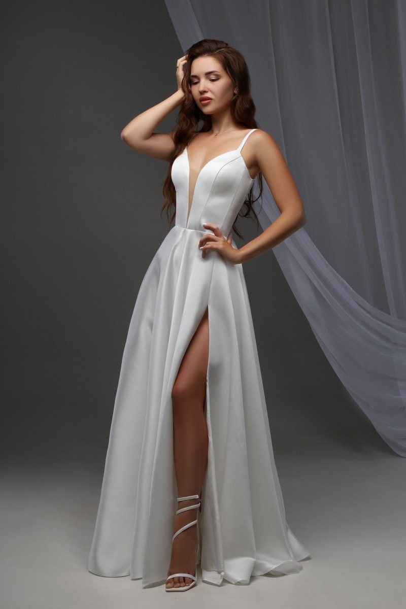 White Satin Maxi Dress: Deep V-Neck Corset, Side Slit Formal Gown