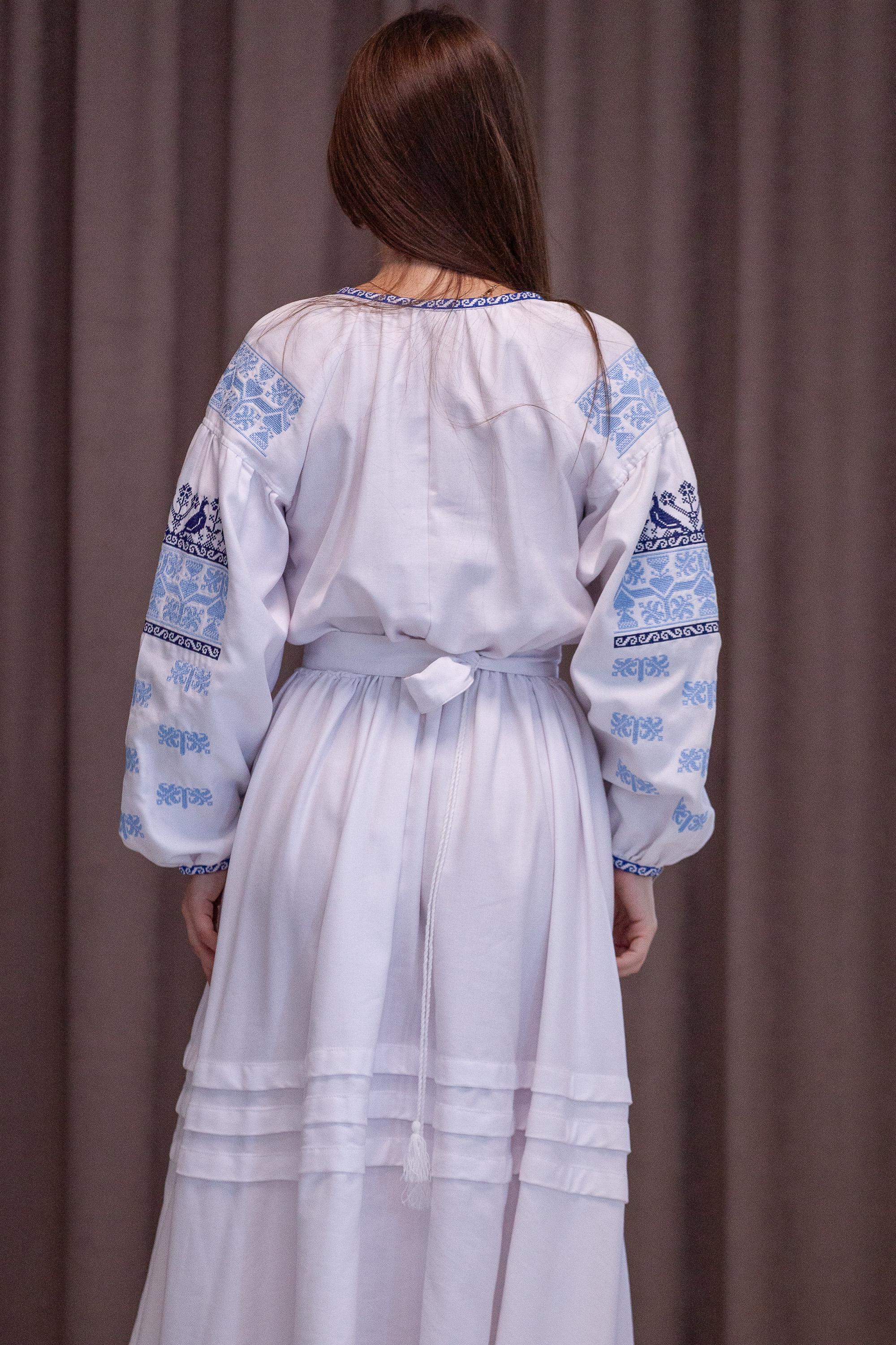 White A-Line Midi Cotton Dress with Floral Embroidery and Long Lantern Sleeves