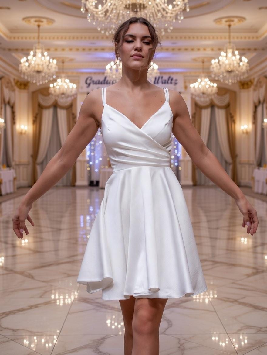 Satin White Cocktail Dress: Short A-Line V-Neck with Cross Straps