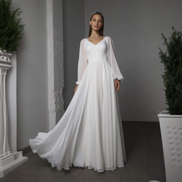 Elegante vestido largo de gasa blanca con mangas abullonadas: perfecto para cualquier ocasión: vestido blanco de novia / vestido de novia sencillo de manga larga.