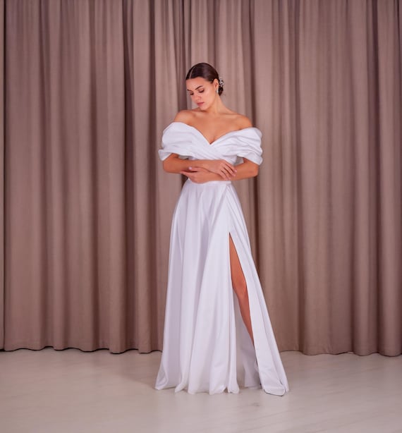 Off Shoulder White Fit & Flare Wedding Maxi Dress With Slit and Puff  Sleeves - Etsy Australia