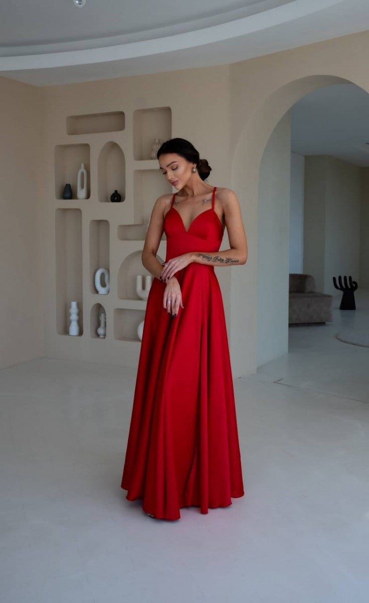 Red Satin A-Line Maxi Dress: V-Neck Prom or Wedding Guest Red Satin A-Line Maxi Dress: V-Neck Prom or Wedding Guest
